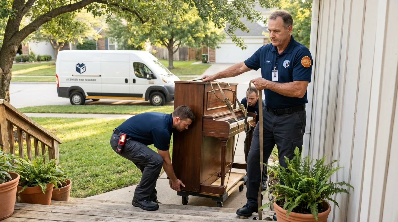 Licensed piano movers securing grand piano in Stanfield, NC