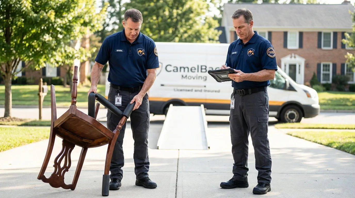 Movers inspecting furniture for damage prevention before loading in Stanfield, NC