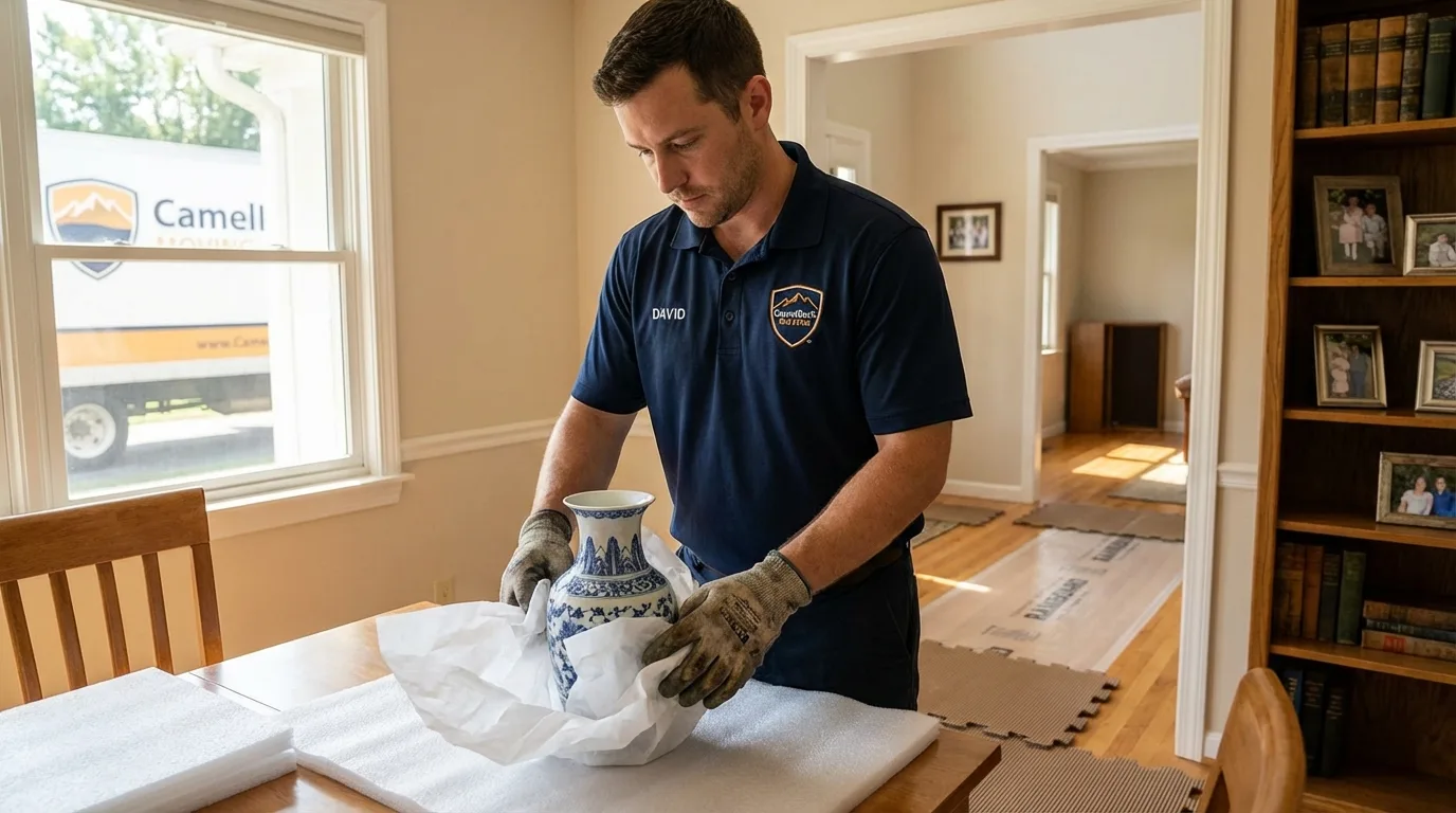 Professional crew carefully wrapping antique vase for senior downsizing move in Stanfield, NC